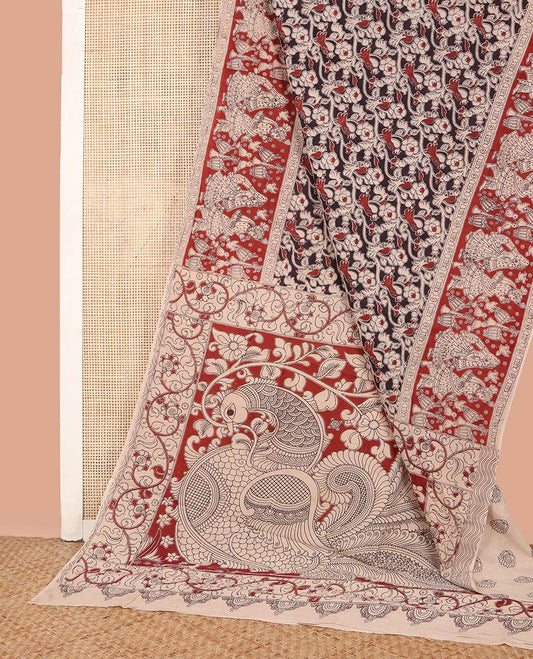 Brown Machine-Printed Kalamkari Cotton Saree, Prettified with Floral-Bird Prints on Its Body, Contrast-Human Motifs Printed Border, Pallu of Peacock Print, and Paired with a Printed Blouse