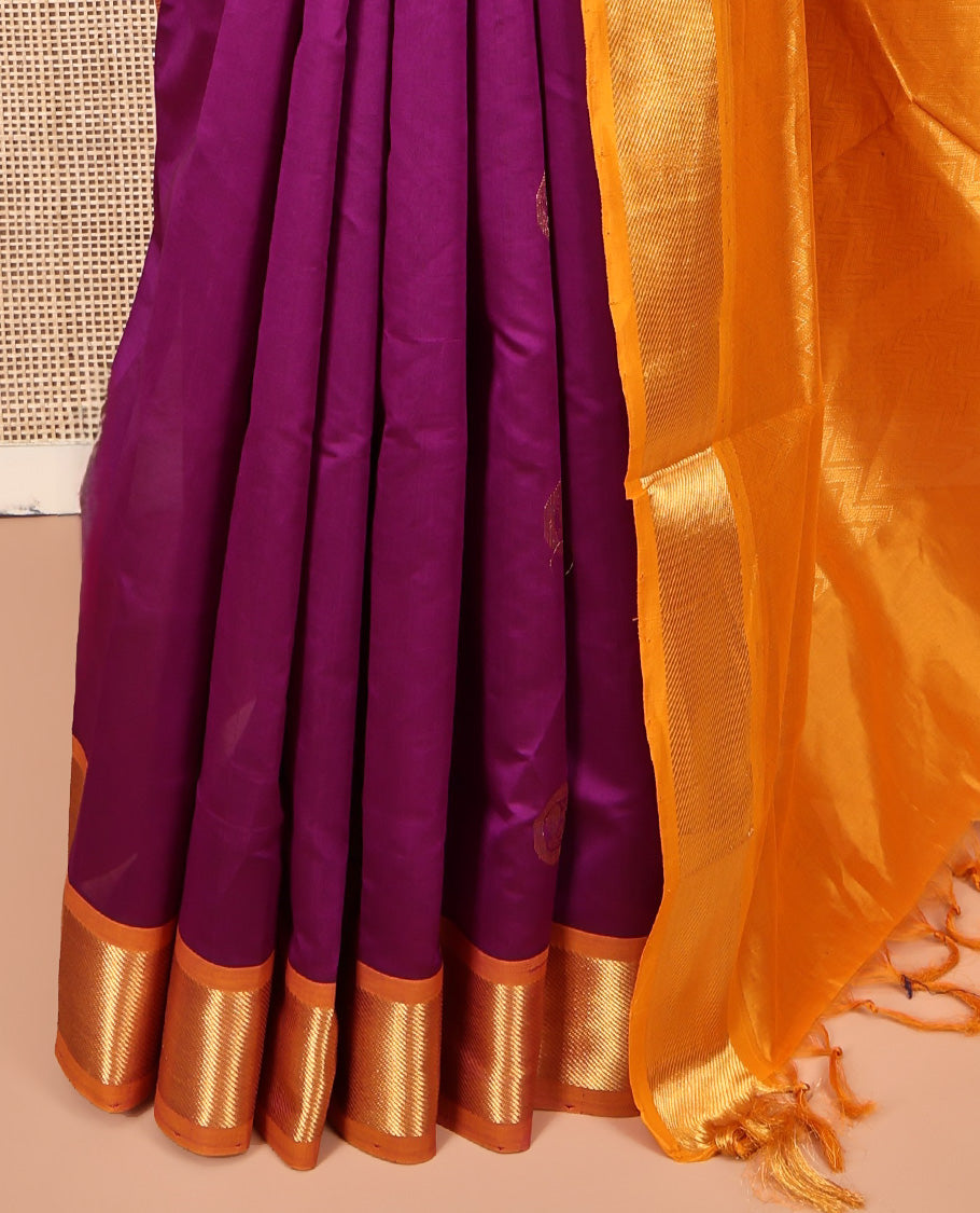 Purple Poly Cotton Saree, Adorned with Buttas all over its Body, Complemented by Contrast Zari Border, Chevron Striped Pallu, and Paired with a Contrast Blouse