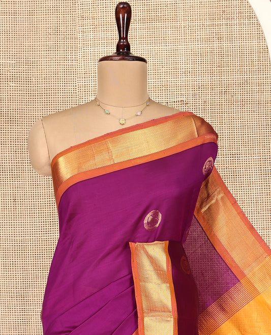 Purple Poly Cotton Saree, Adorned with Buttas all over its Body, Complemented by Contrast Zari Border, Chevron Striped Pallu, and Paired with a Contrast Blouse