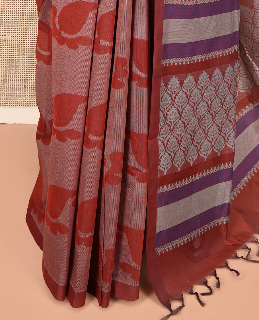 Brown Coimbatore Cotton Saree, Featuring Paisley Buttas on Its Body, a Contrast Border, Pallu of Ogee Design, and Paired with a Contrast Blouse