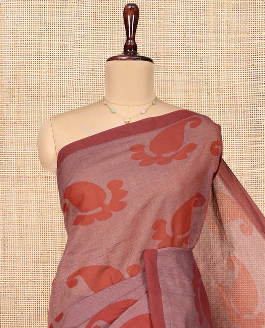 Brown Coimbatore Cotton Saree, Featuring Paisley Buttas on Its Body, a Contrast Border, Pallu of Ogee Design, and Paired with a Contrast Blouse