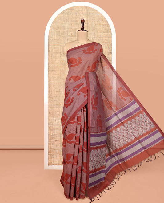 Brown Coimbatore Cotton Saree, Featuring Paisley Buttas on Its Body, a Contrast Border, Pallu of Ogee Design, and Paired with a Contrast Blouse