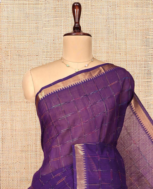 Violet Mangalgiri Cotton Saree, Graced with Checked Design on Its Body, Highlighted by Zari Temple Border, Zari-Striped Pallu, and Paired with a Contrast Blouse