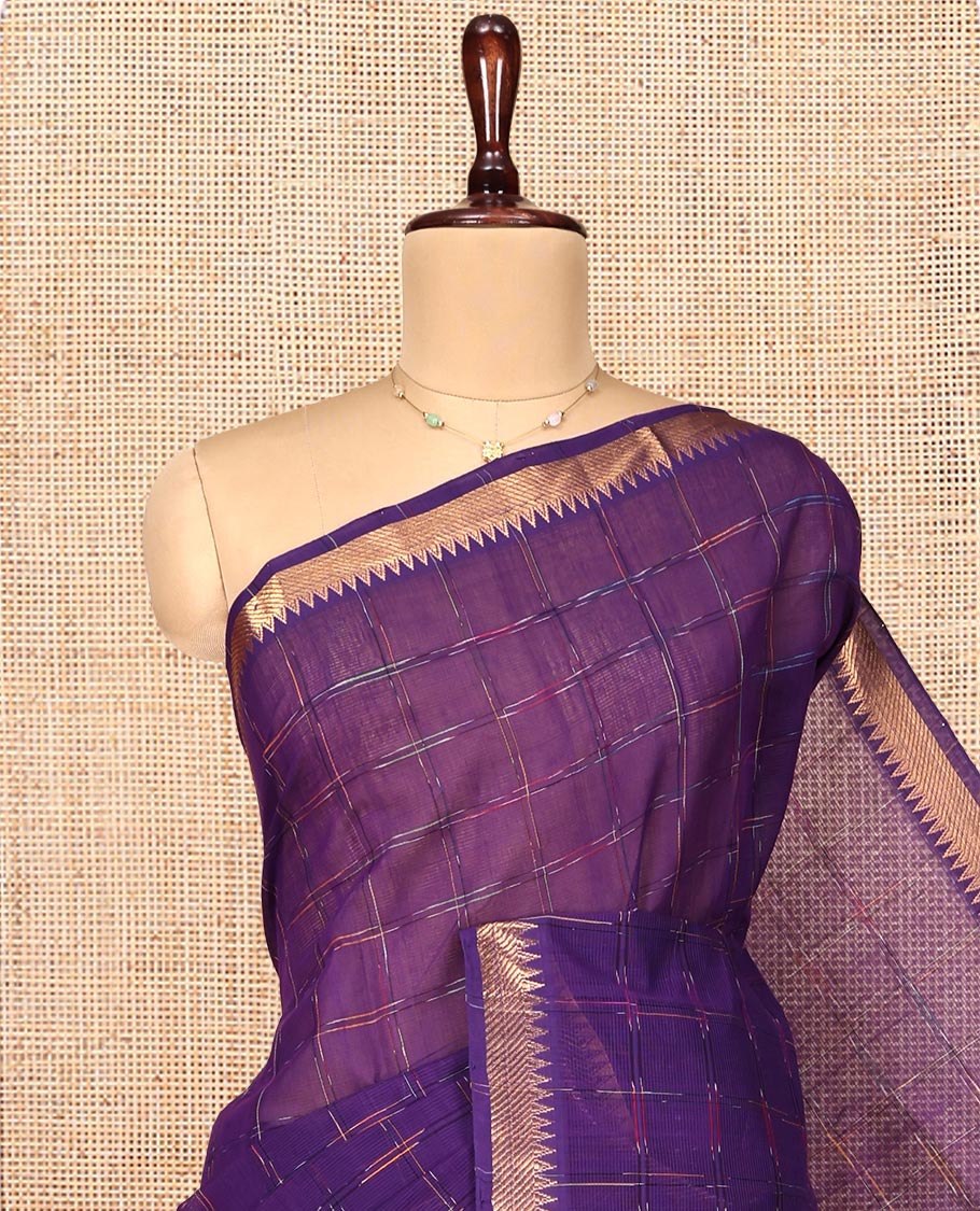 Violet Mangalgiri Cotton Saree, Graced with Checked Design on Its Body, Highlighted by Zari Temple Border, Zari-Striped Pallu, and Paired with a Contrast Blouse