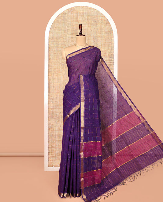 Violet Mangalgiri Cotton Saree, Graced with Checked Design on Its Body, Highlighted by Zari Temple Border, Zari-Striped Pallu, and Paired with a Contrast Blouse