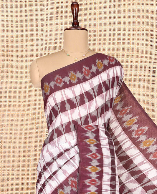 Off-White and Brown Ikkat Cotton Saree, Detailed with Ikkat Checks All Over Its Body, Subtly Sparkled Ikkat-Textured Border, Ikkat-Textured Pallu, and Has No Blouse