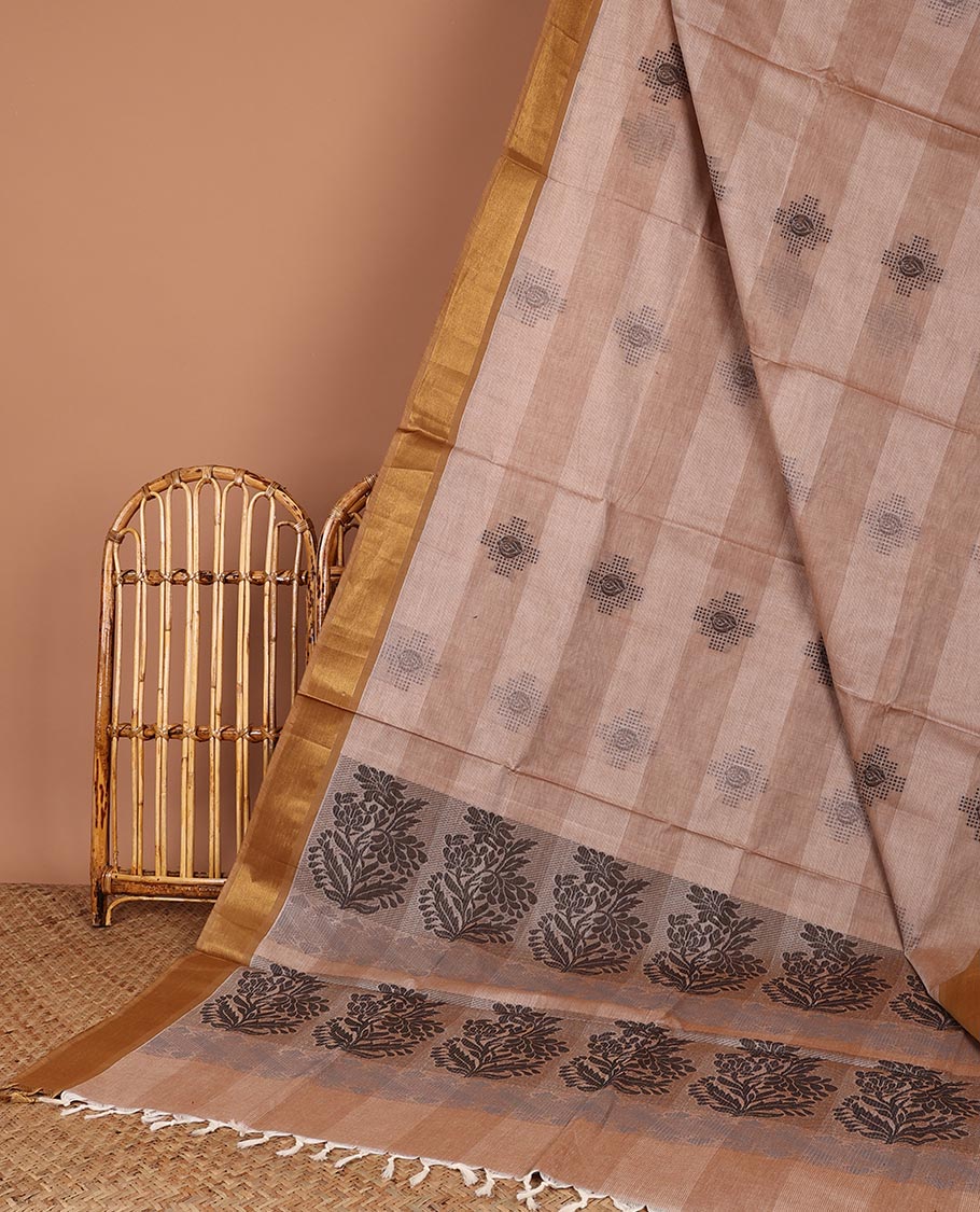 Brown striped Coimbatore cotton saree with buttas, zari border & floral design pallu