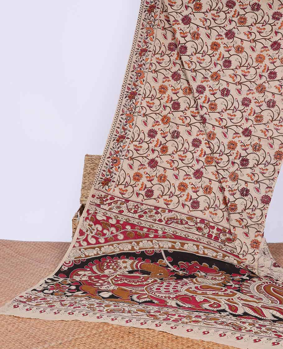 Cream floral vine machine printed kalamkari cotton saree with self intricate design border &animal motifs pallu