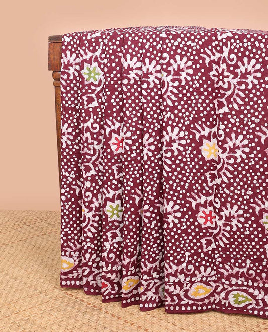 Maroon floral batik design mul mul cotton saree with contrast paisley design border & floral design pallu