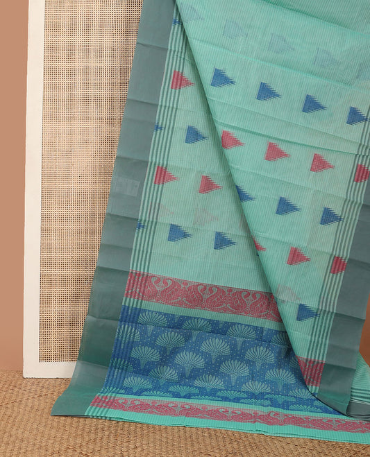 Blue striped & temple buttas kanchi cotton saree, contrast plain border & pallu of floral & paisleys