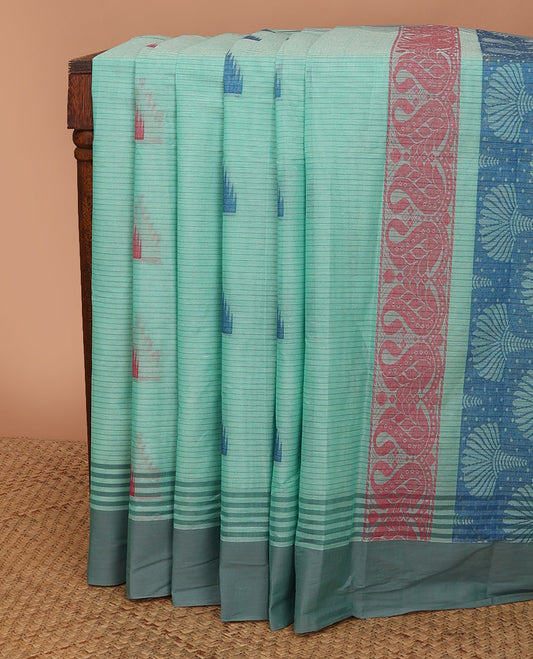 Blue striped & temple buttas kanchi cotton saree, contrast plain border & pallu of floral & paisleys