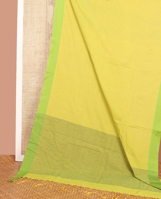 Lime Yellow Plain Khadi Cotton Saree, Subtly Sparked with Contrasting Plain Border, Subtly Striped Pallu, and Paired with a Matching Blouse