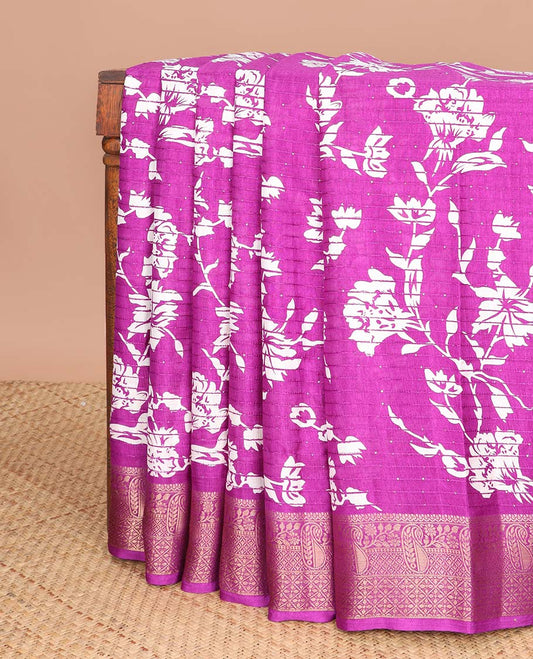 Purple all-over striped sequins embroidery, floral design dola silk saree with self zari design border