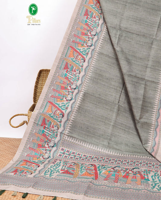 Green Semi-Banaras Tussar Saree With Contrast Madhubani Design Border & Floral , madhubani style Pallu