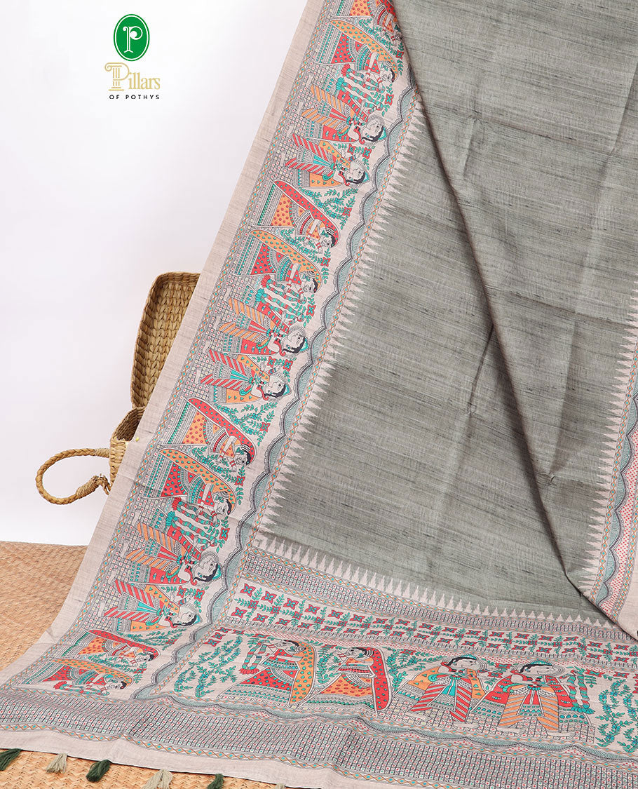 Green Semi-Banaras Tussar Saree With Contrast Madhubani Design Border & Floral , madhubani style Pallu