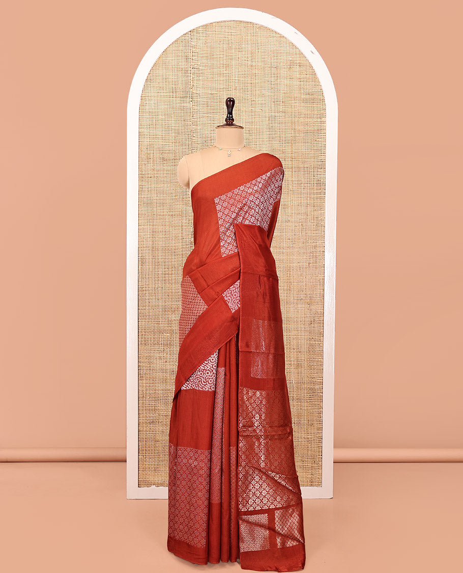 Borderless Rust Chanderi Cotton Saree, Steeped in the Richness of Zari Big Square Buttas All Over Its Body, Highlighted by Geometric Patterned Pallu and Paired with a Matching Blouse