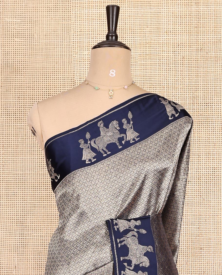 Navy Russian Dola Silk Saree Features Jacquard, Wedding-Themed Border, Jaal Pallu, Matching Blouse