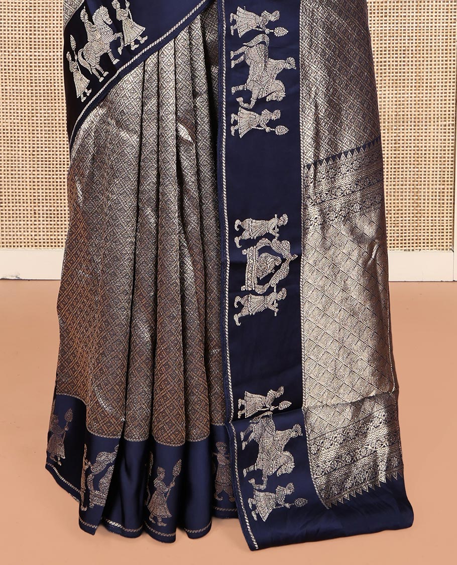 Navy Russian Dola Silk Saree Features Jacquard, Wedding-Themed Border, Jaal Pallu, Matching Blouse