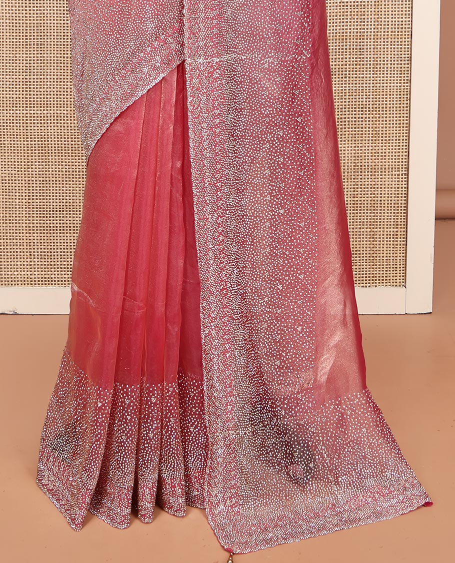 Onion Pink Fendi Silk Saree with Swarovski Stonework Border and a Stonework Blouse