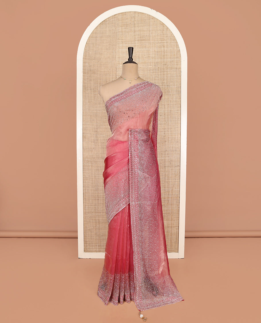 Onion Pink Fendi Silk Saree with Swarovski Stonework Border and a Stonework Blouse