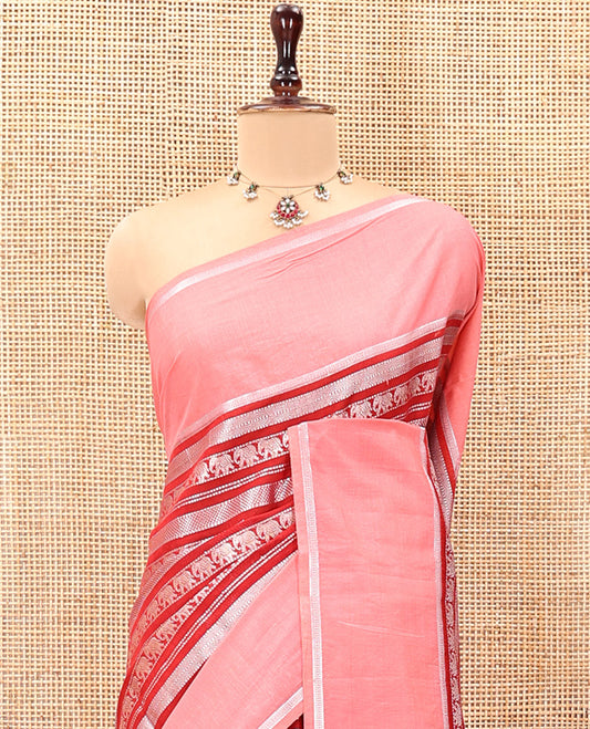 Red Organza Saree, Richly Zari Detailed with Geometric and Elephant Motifs All Over Its Body, Complemented by Captivating Contrast Zari Border, Zari Decked Up Pallu, and Paired with a Contrast Blouse