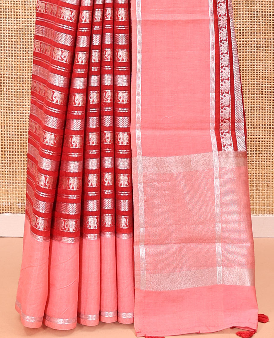 Red Organza Saree, Richly Zari Detailed with Geometric and Elephant Motifs All Over Its Body, Complemented by Captivating Contrast Zari Border, Zari Decked Up Pallu, and Paired with a Contrast Blouse