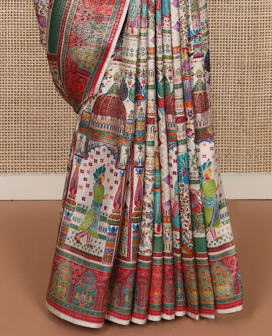 Kaleidoscope-colour Mughal stories printed Dola satin silk saree depicting motifs of floral, Mughal-arch, peacock & ancient humans, highlighted with zari