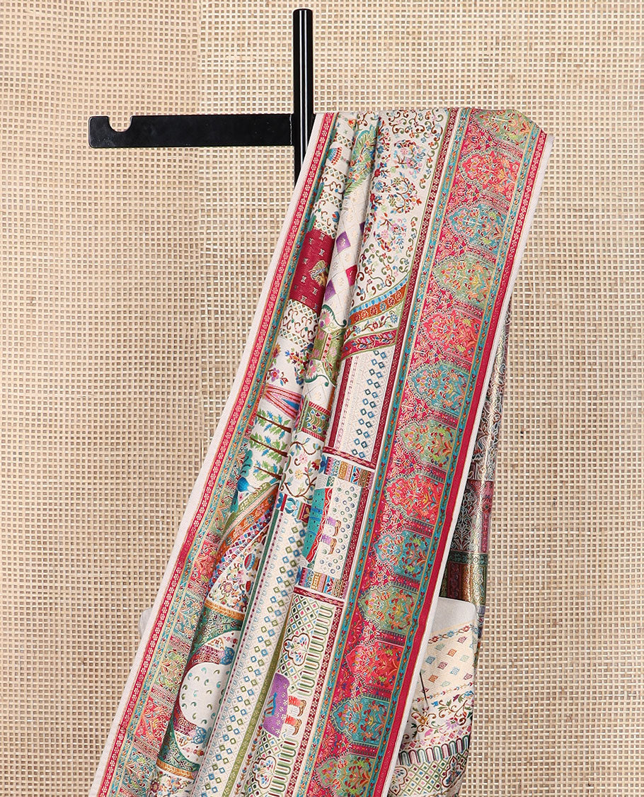 Kaleidoscope-colour Mughal stories printed Dola satin silk saree depicting motifs of floral, Mughal-arch, peacock & ancient humans, highlighted with zari