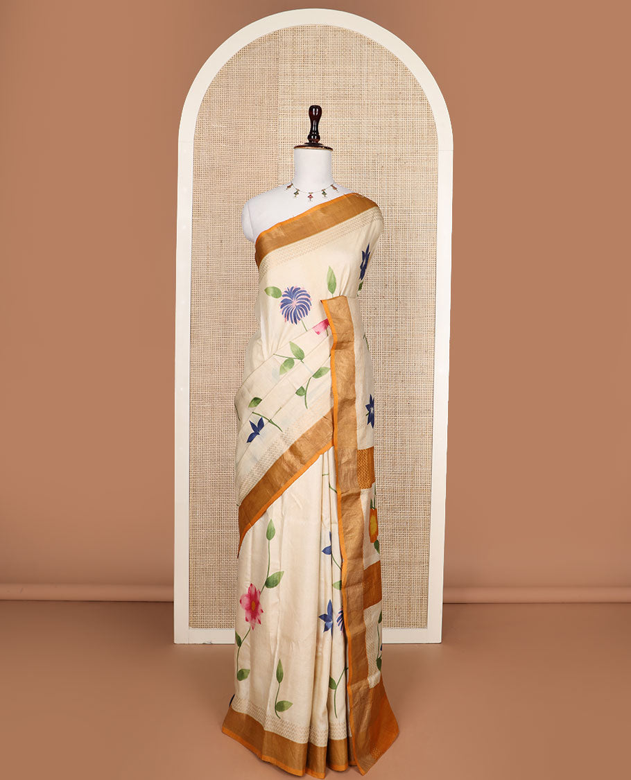Sandal colorful hand brush painting style floral vine kota silk saree, contrast bavanji border, and floral creeper pallu