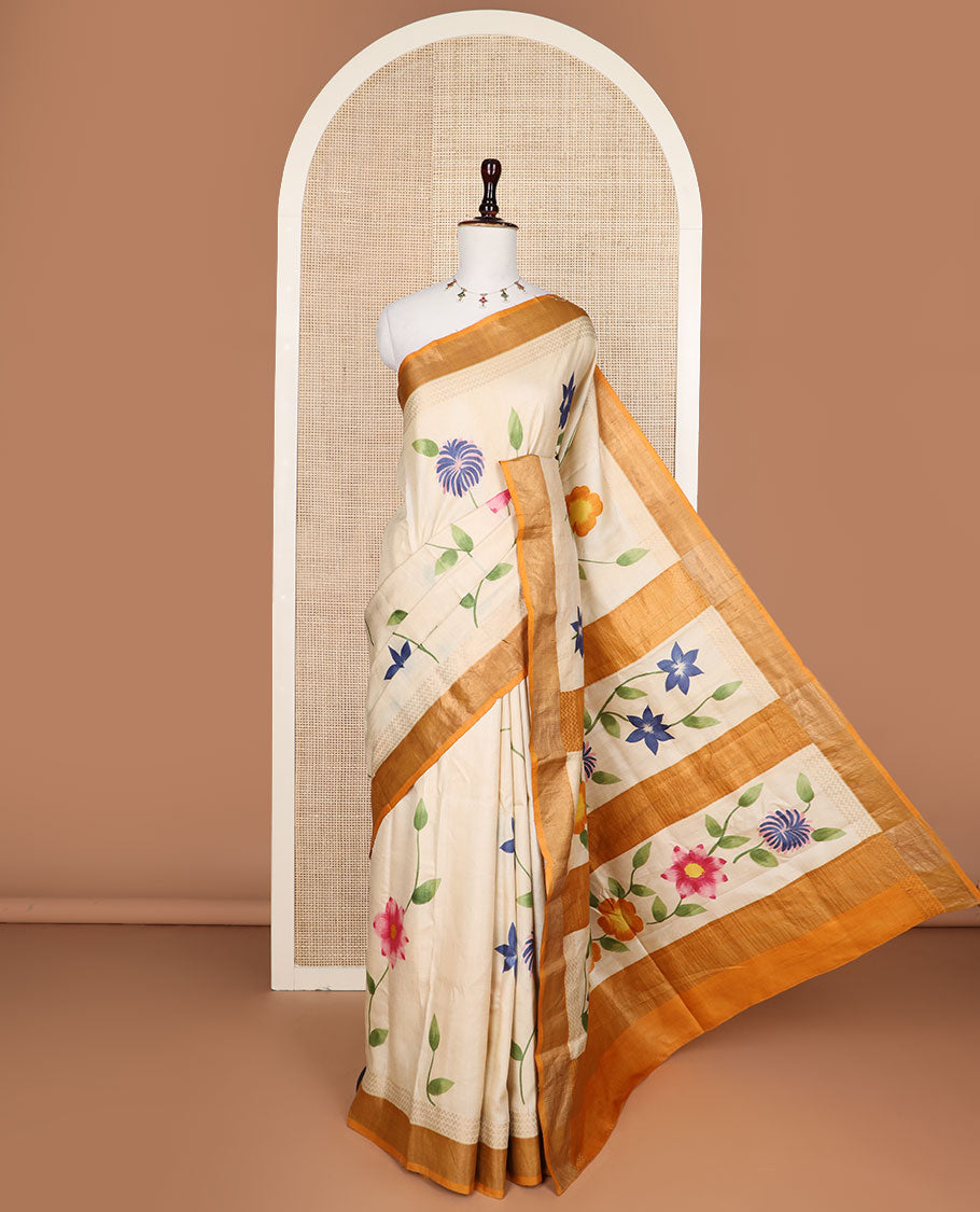 Sandal colorful hand brush painting style floral vine kota silk saree, contrast bavanji border, and floral creeper pallu