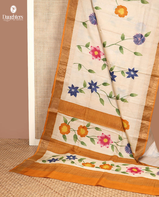 Sandal colorful hand brush painting style floral vine kota silk saree, contrast bavanji border, and floral creeper pallu