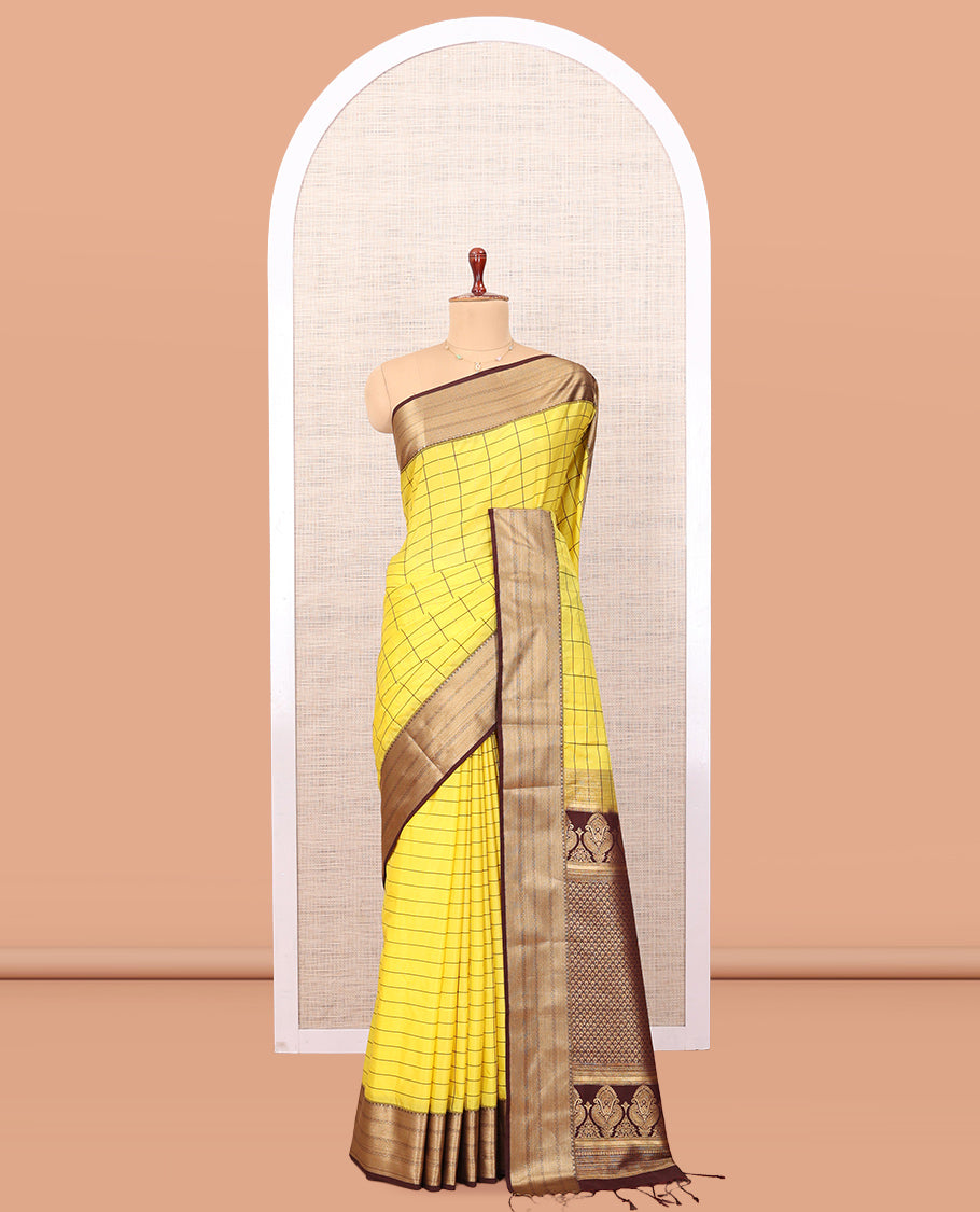 Lemon Yellow Checks Semi-Soft Silk Saree