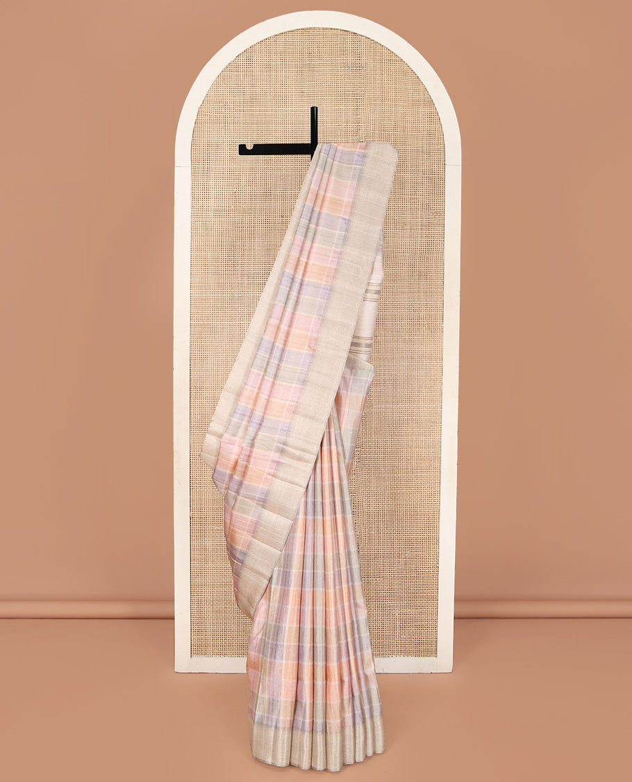 Multi-Color Fancy Tussar Saree, Sparsely Sparkled with Checked Designs Printed on Its Body, Complemented by Contrast Textured Border, Patola Printed Pallu, and Paired with a Matching Printed Blouse