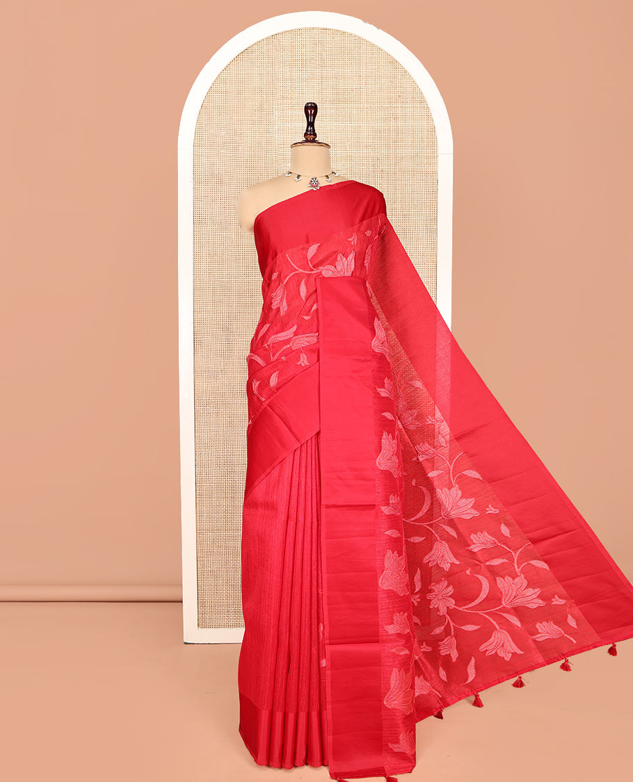 Red Green Silk Saree, Finely Crafted with Floral Vine Cross Stitch Embroidery on Its Body, Subtle Self-Satin Border, Pallu of Floral Vine Cross Stitch Embroidery, and Paired with a Plain Blouse