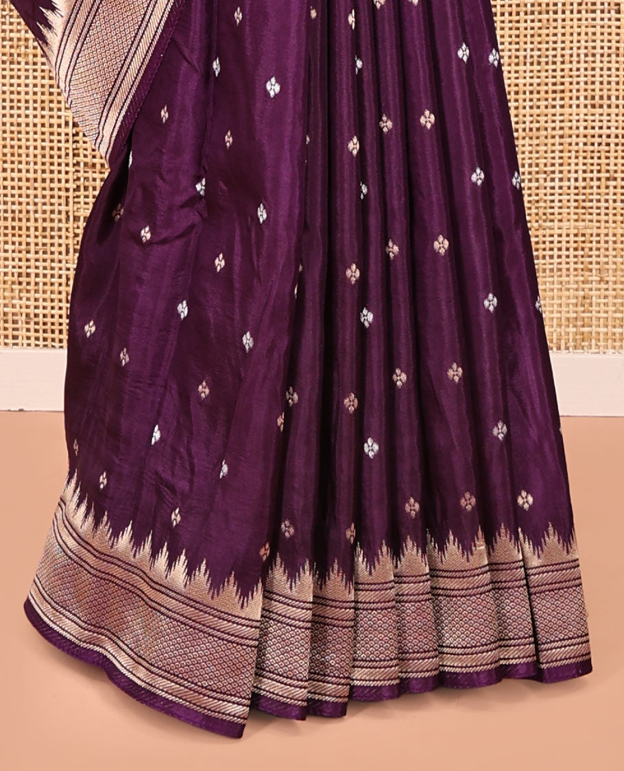 Dark Purple HO Silk Saree, Elevated with Zari Buttas All Over Its Body, Highlighted by Temple Border of Diamond Patterns, Pallu Artfully Woven with Tree of Life Design, and Paired with a Matching Blouse