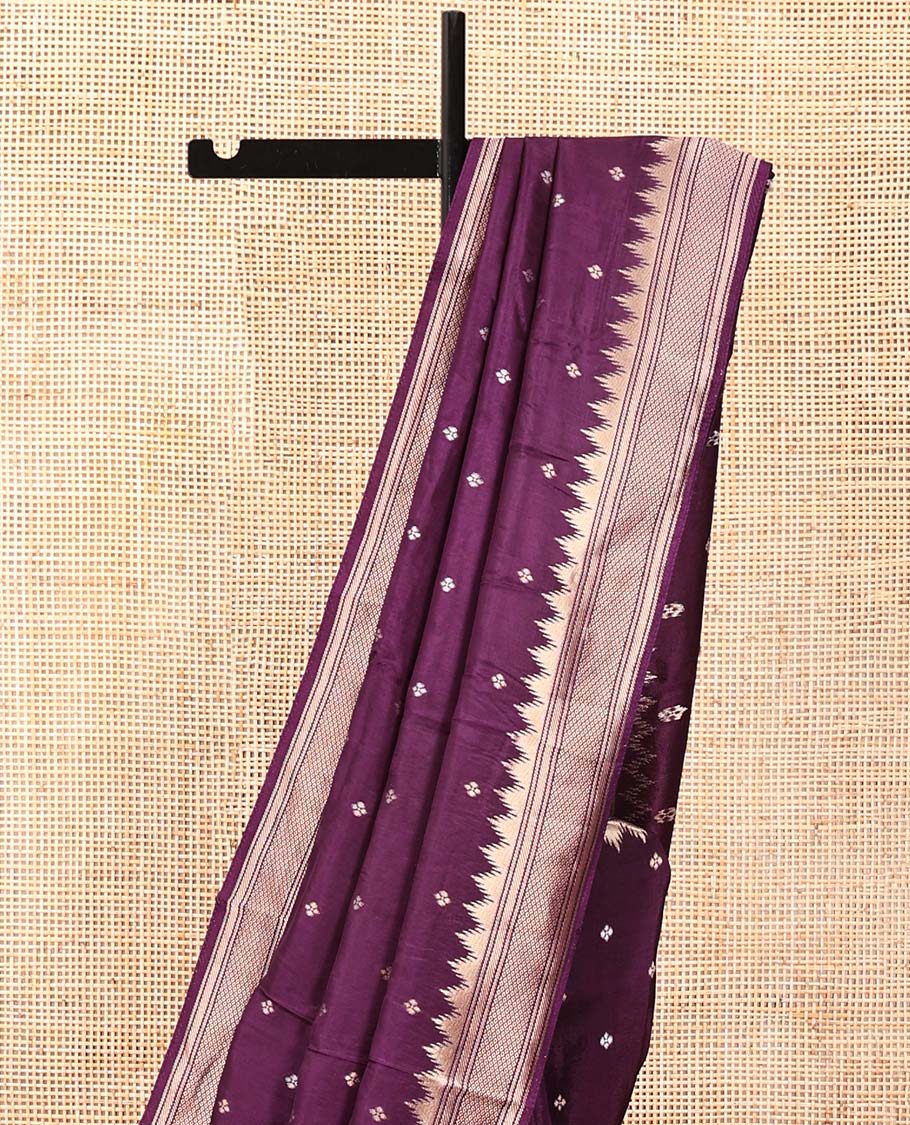 Dark Purple HO Silk Saree, Elevated with Zari Buttas All Over Its Body, Highlighted by Temple Border of Diamond Patterns, Pallu Artfully Woven with Tree of Life Design, and Paired with a Matching Blouse