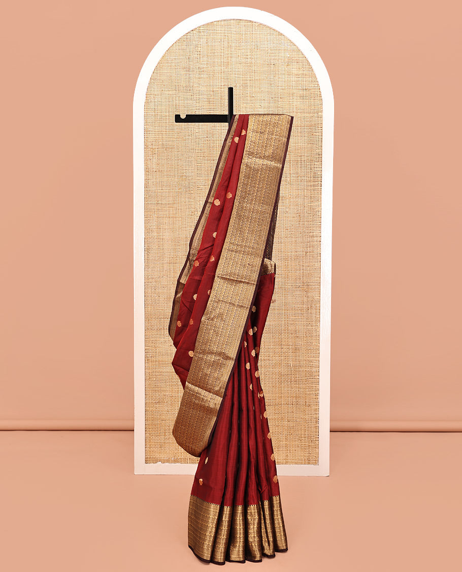 Wine and Maroon Vasundhara Lite Silk Mix Saree, Elevated with Zari Buttas All Over Its Body, Complemented by Contrast Border of Thilakam, Muthu, Banaras, Diamond, Mayil Kann, and Cross Kamalam Designs, Grand Pallu, and Paired with a Contrast Blouse