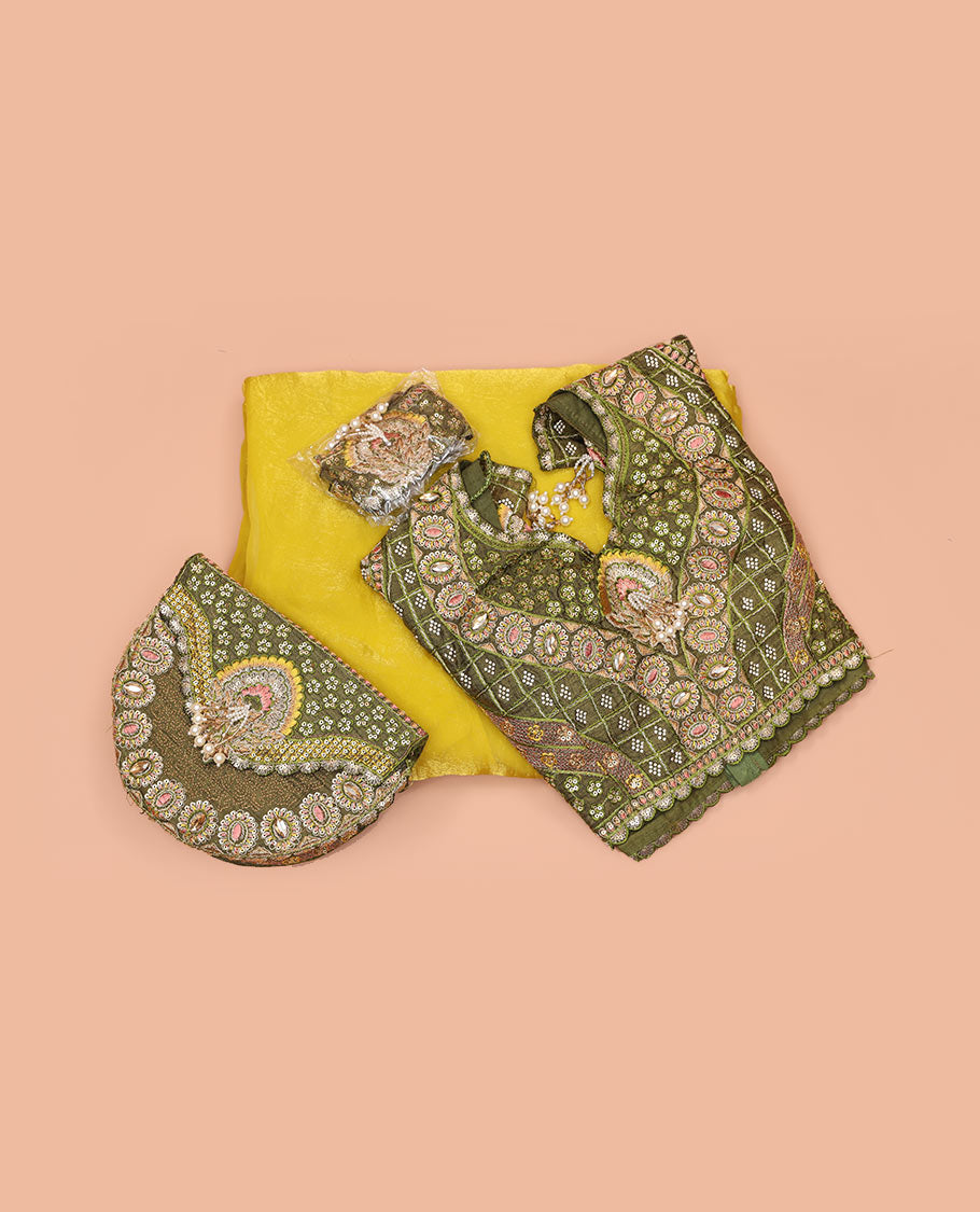 Yellow Plain Party Wear Designer Saree, Complemented with a Contrast Sweetheart Neck Heavy Embroidered Elbow Sleeve Readymade Blouse, Detachable Embroidered Belt, and a Free Embroidered Flap Sling Bag