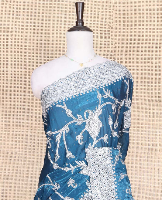 Blue Designer Saree, Richly Detailed with Floral-Jaal Style Mixed Embroidery on Its Body, Highlighted by Jaal-Patterned Scallop Embroidered Border, Self-Design Pallu, and Paired with a Heavy Embroidered Matching Blouse