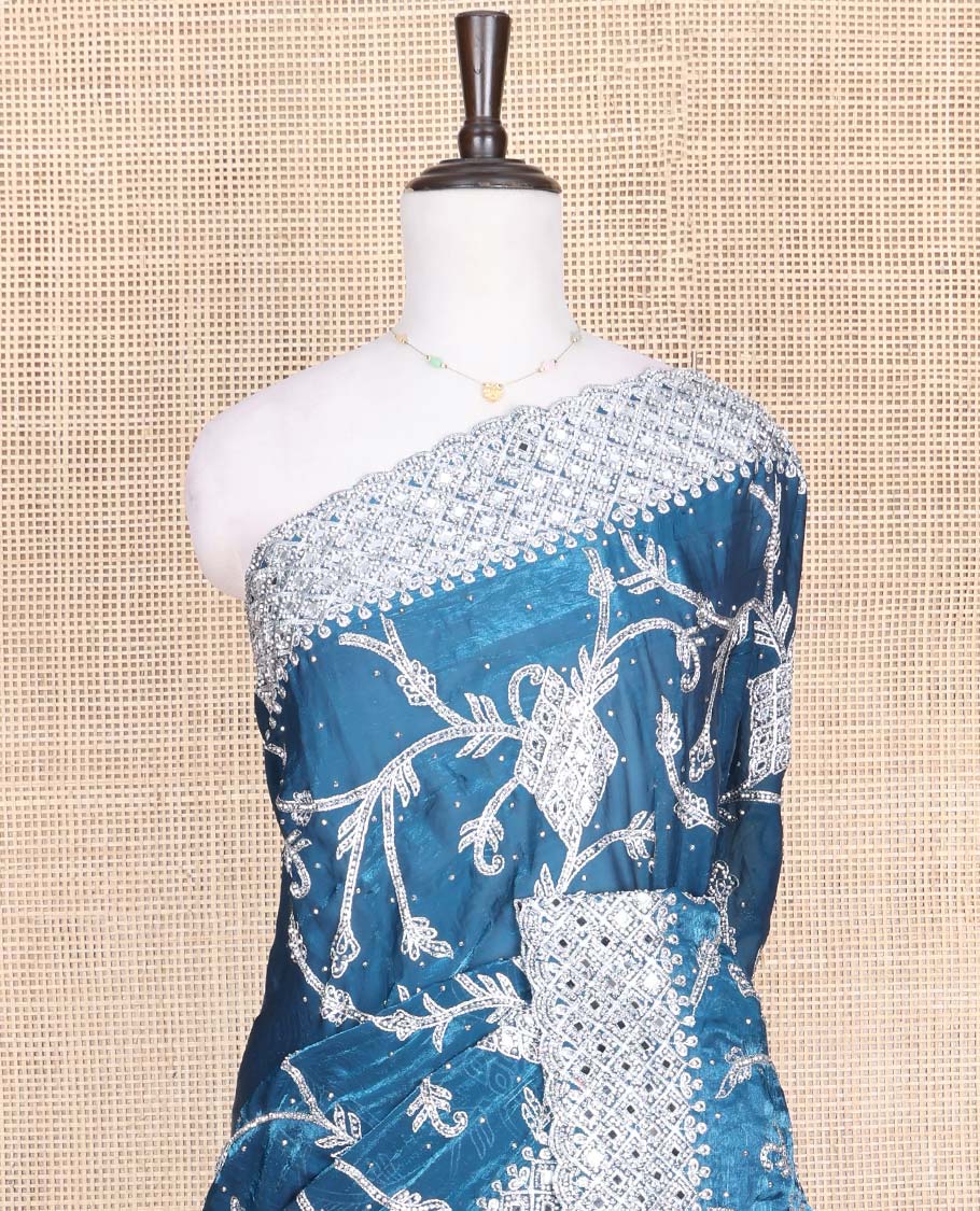 Blue Designer Saree, Richly Detailed with Floral-Jaal Style Mixed Embroidery on Its Body, Highlighted by Jaal-Patterned Scallop Embroidered Border, Self-Design Pallu, and Paired with a Heavy Embroidered Matching Blouse