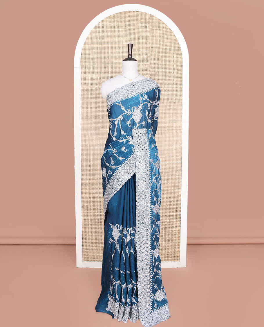 Blue Designer Saree, Richly Detailed with Floral-Jaal Style Mixed Embroidery on Its Body, Highlighted by Jaal-Patterned Scallop Embroidered Border, Self-Design Pallu, and Paired with a Heavy Embroidered Matching Blouse