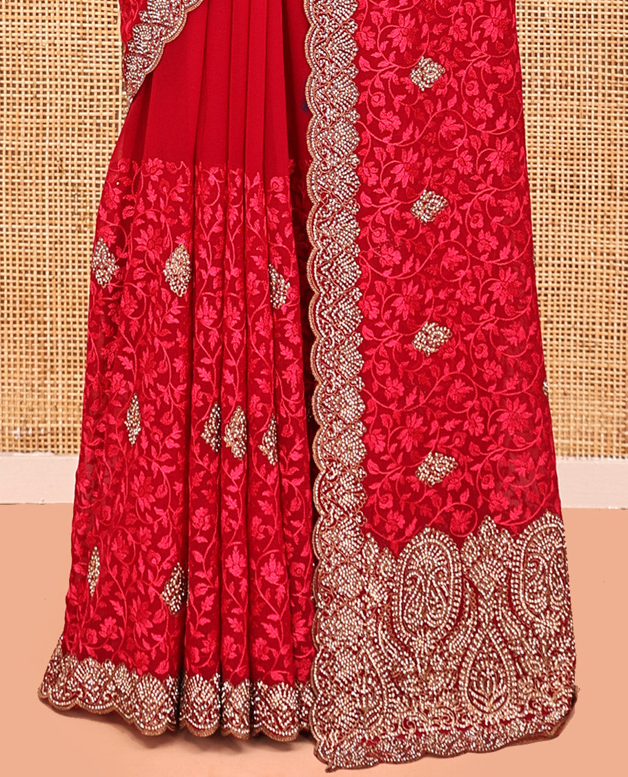 Red Designer Saree, Opulently Embellished with Floral Jaal and Embroidery Buttas, a Scallop Border, and a Matching Blouse