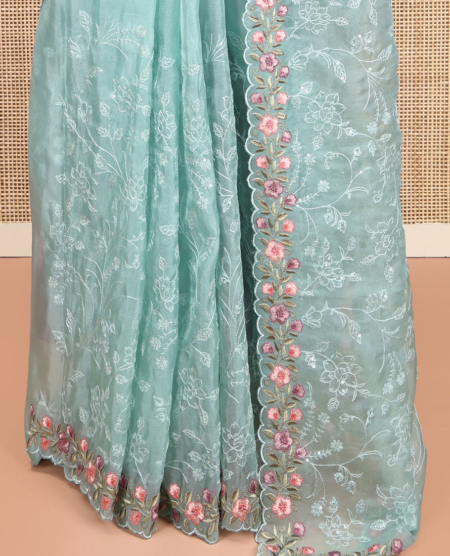 Blue Designer Saree, Sparsely Threaded with Floral Vine Thread Embroidery, Scallop Floral Embroidered Border, and Embroidered Matching Blouse