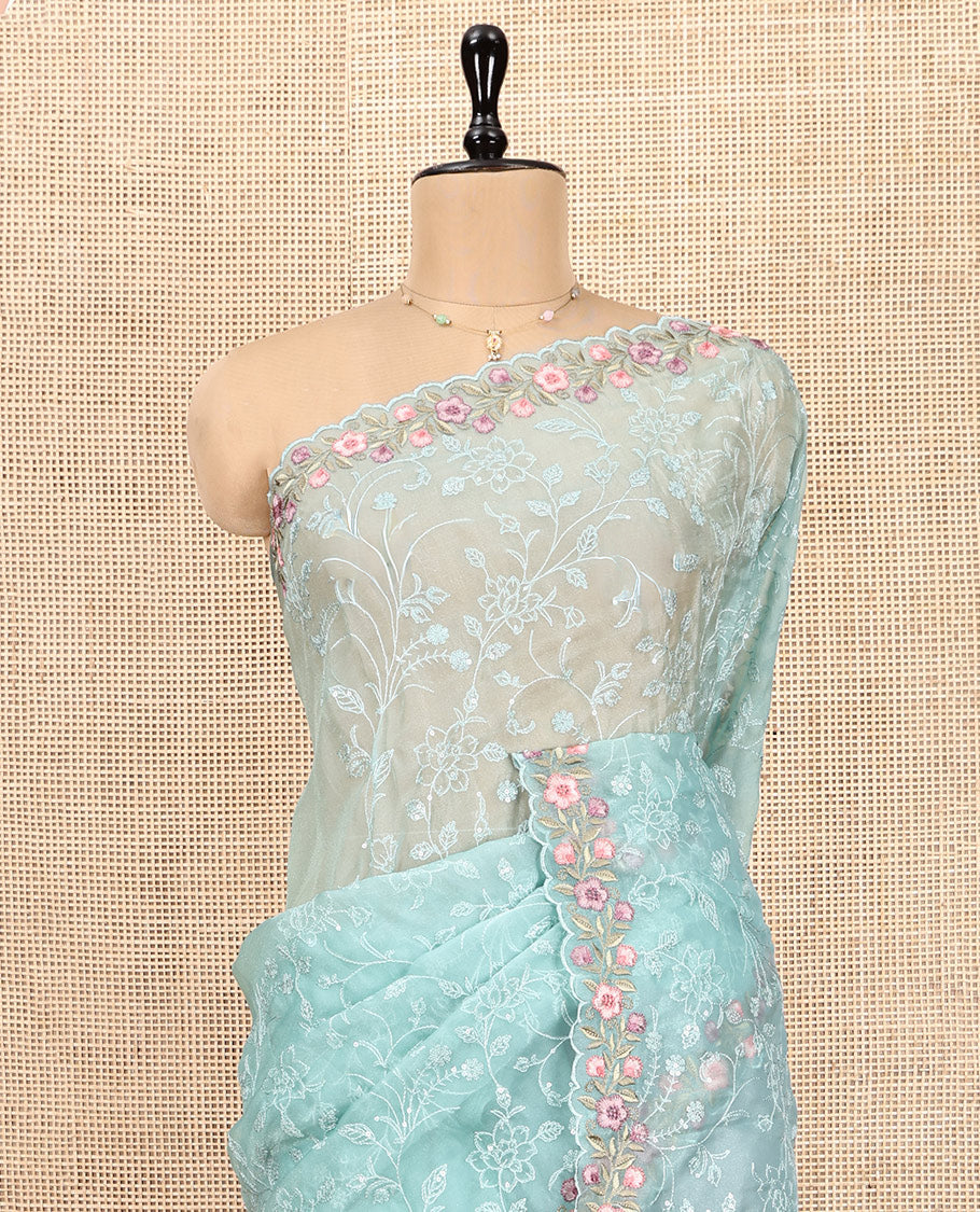Blue Designer Saree, Sparsely Threaded with Floral Vine Thread Embroidery, Scallop Floral Embroidered Border, and Embroidered Matching Blouse
