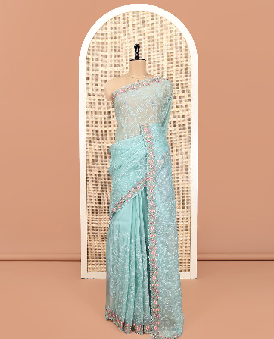 Blue Designer Saree, Sparsely Threaded with Floral Vine Thread Embroidery, Scallop Floral Embroidered Border, and Embroidered Matching Blouse