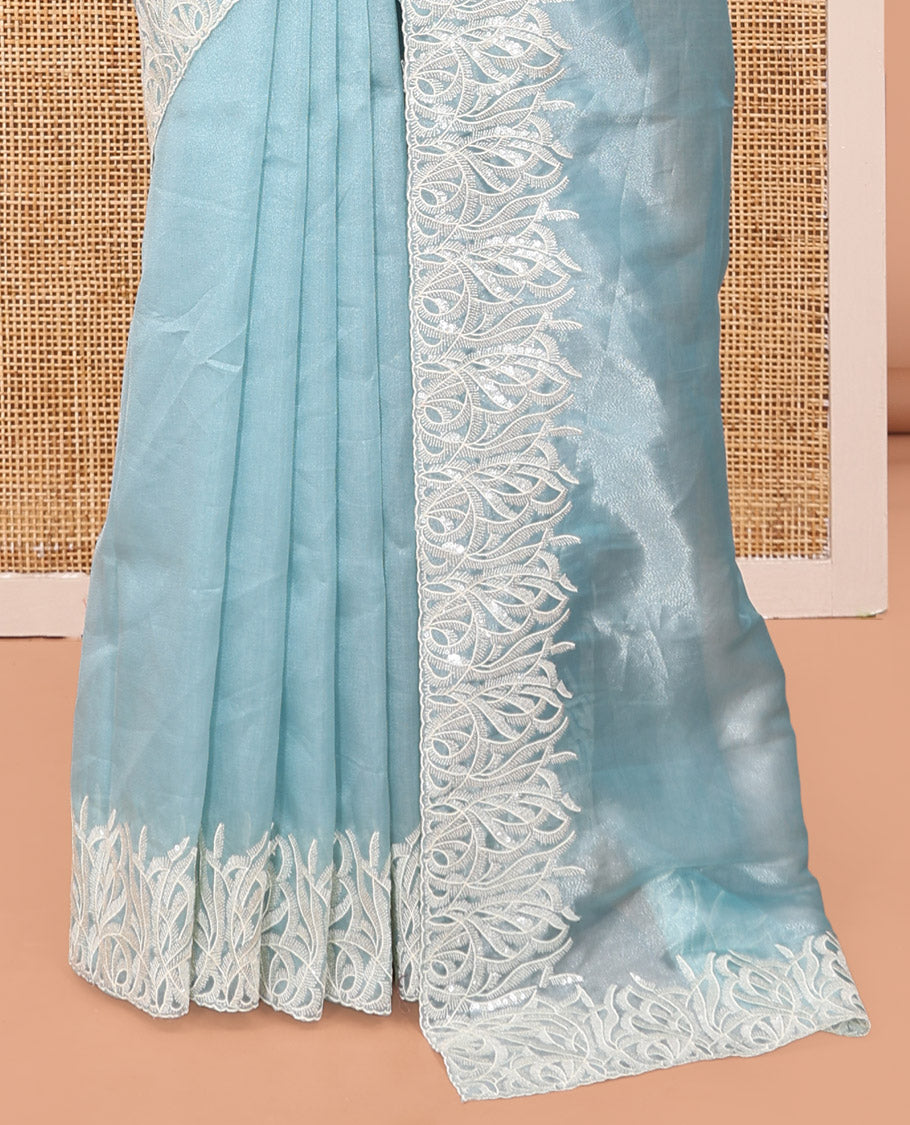 Pale Blue Plain Organza Saree, Floral Vine Sequins Embroidery Border, and Matching Blouse