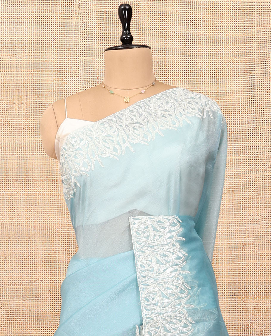 Pale Blue Plain Organza Saree, Floral Vine Sequins Embroidery Border, and Matching Blouse