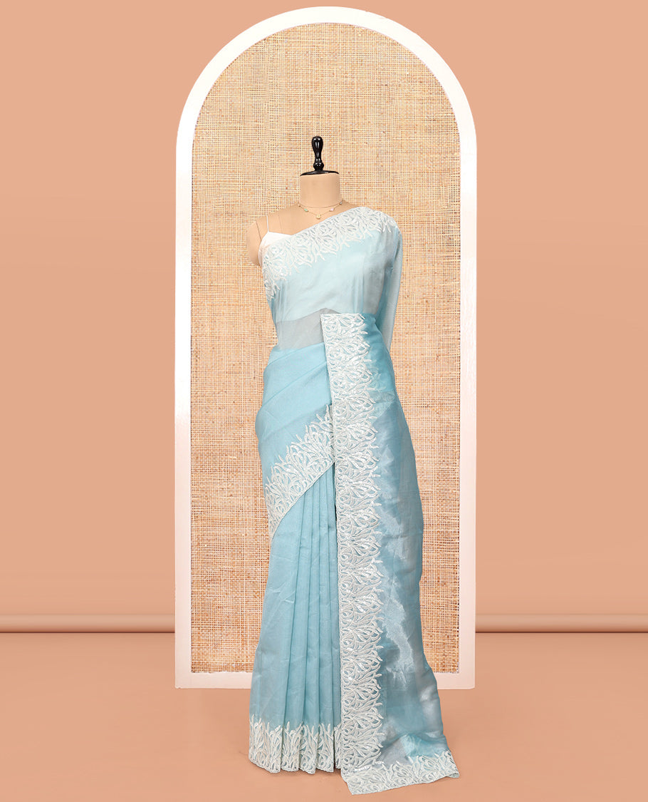 Pale Blue Plain Organza Saree, Floral Vine Sequins Embroidery Border, and Matching Blouse