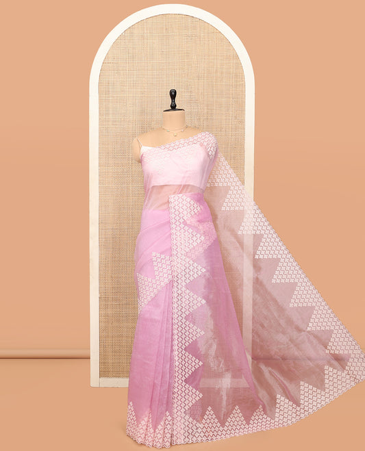 Candy Pink Plain Organza Saree, a Scallop Embroidered Border, and a Matching Blouse