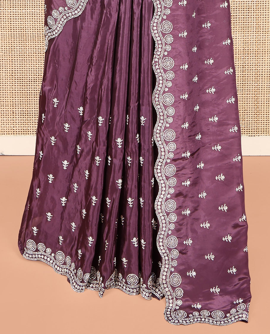 Violet Designer Saree, Richly Detailed with Swarovski Stonework, a Scallop Stonework Border, Matching Blouse